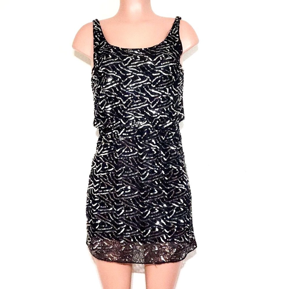 Alice & Olivia Black w/Silver Sequin Mini Blouson Dress Draped Open Back
